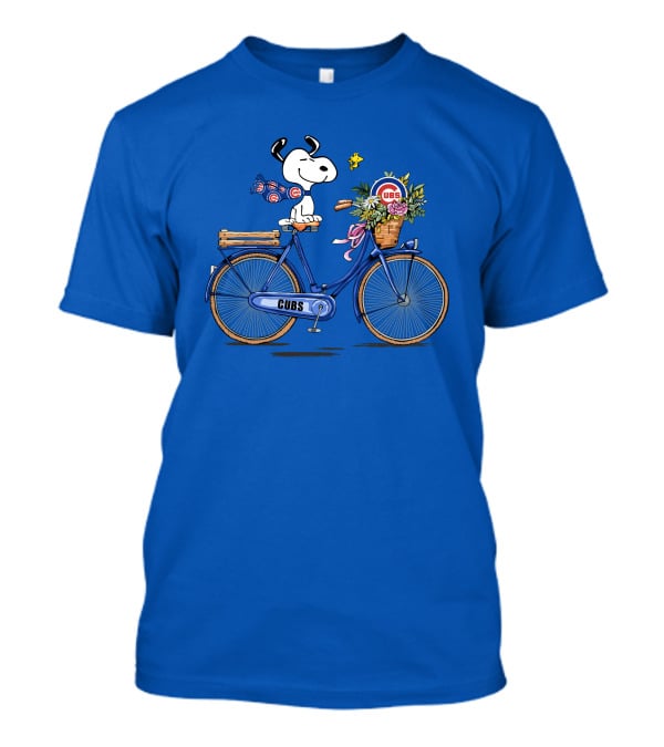 Chicago Cubs Snoopy On Bicycle With Flowers And Woodstock T-Shirt