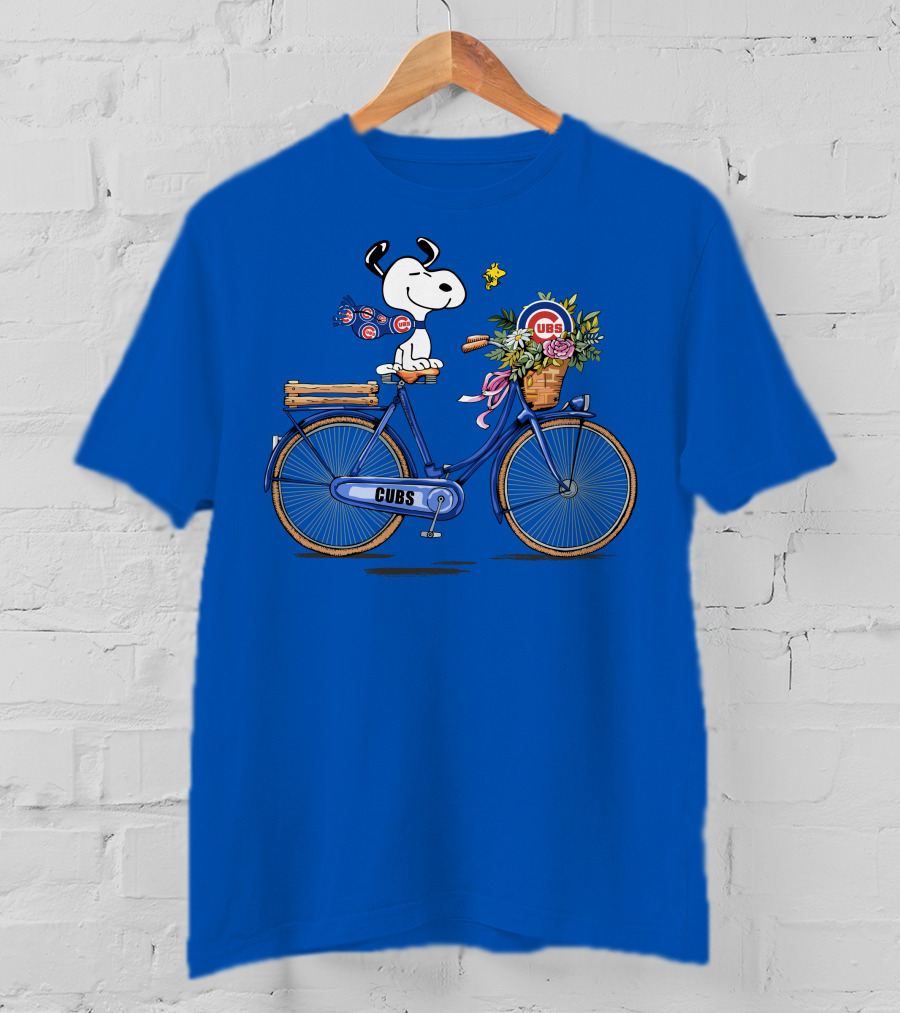 Chicago Cubs Snoopy On Bicycle With Flowers And Woodstock T-Shirt