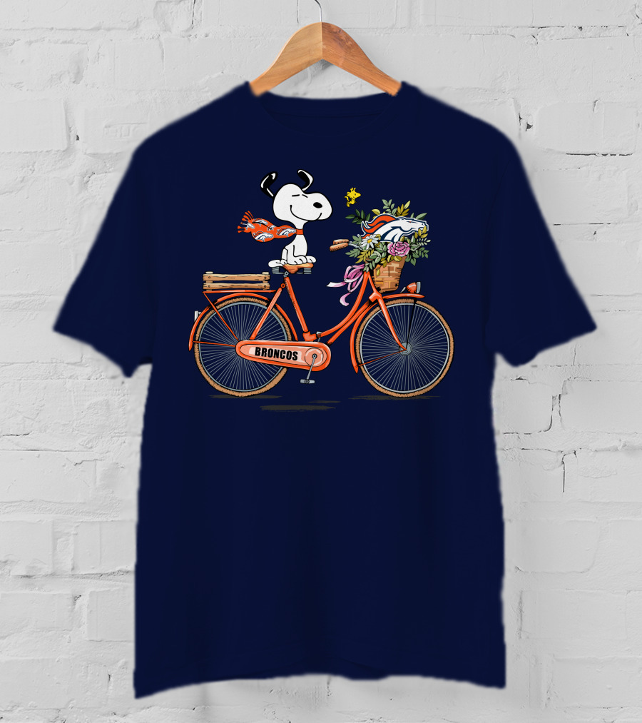 Denver Broncos Snoopy On Bicycle With Woodstock And Helmet T-Shirt