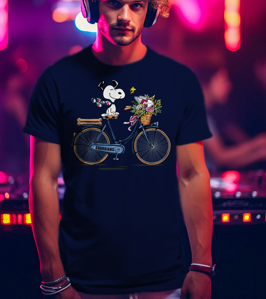 Cleveland Guardians Snoopy Riding Bicycle With Flowers And Baseball Bow Tie T-Shirt