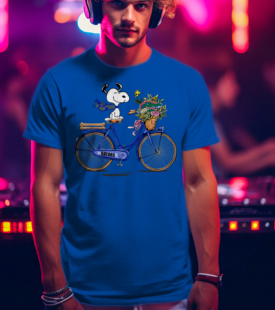 Snoopy Riding Gators Bike With Florida Gators Logo And Basket Of Flowers T-Shirt
