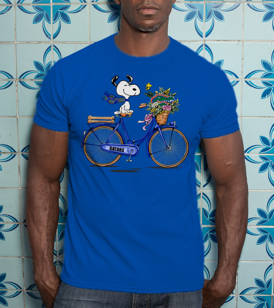 Snoopy Riding Gators Bike With Florida Gators Logo And Basket Of Flowers T-Shirt