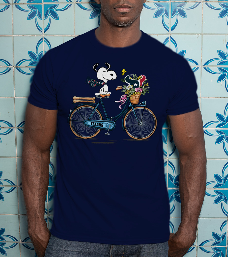Texans Snoopy Bike Ride With Houston Logo And Flowers T-Shirt
