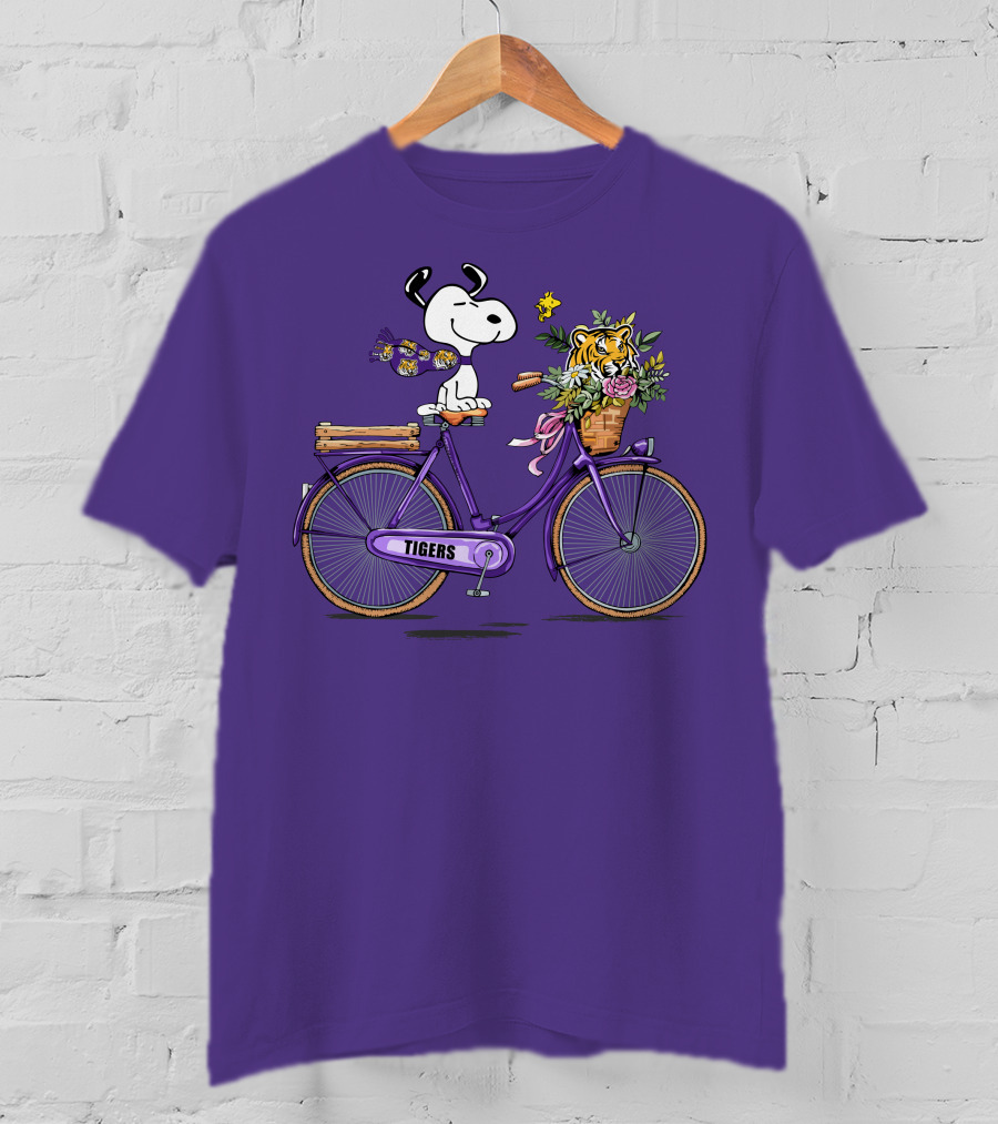 Snoopy Riding Purple Bicycle With LSU Tigers Bouquet T-Shirt
