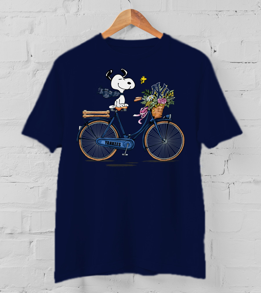 New York Yankees Snoopy On Bicycle With Woodstock And Flowers T-Shirt