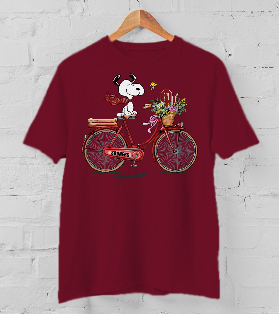 Oklahoma Sooners Snoopy Bicycle Flowers Woodstock T-Shirt