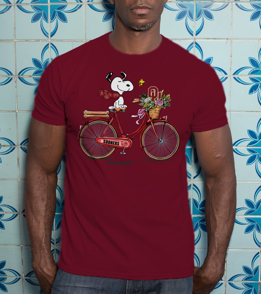 Oklahoma Sooners Snoopy Bicycle Flowers Woodstock T-Shirt