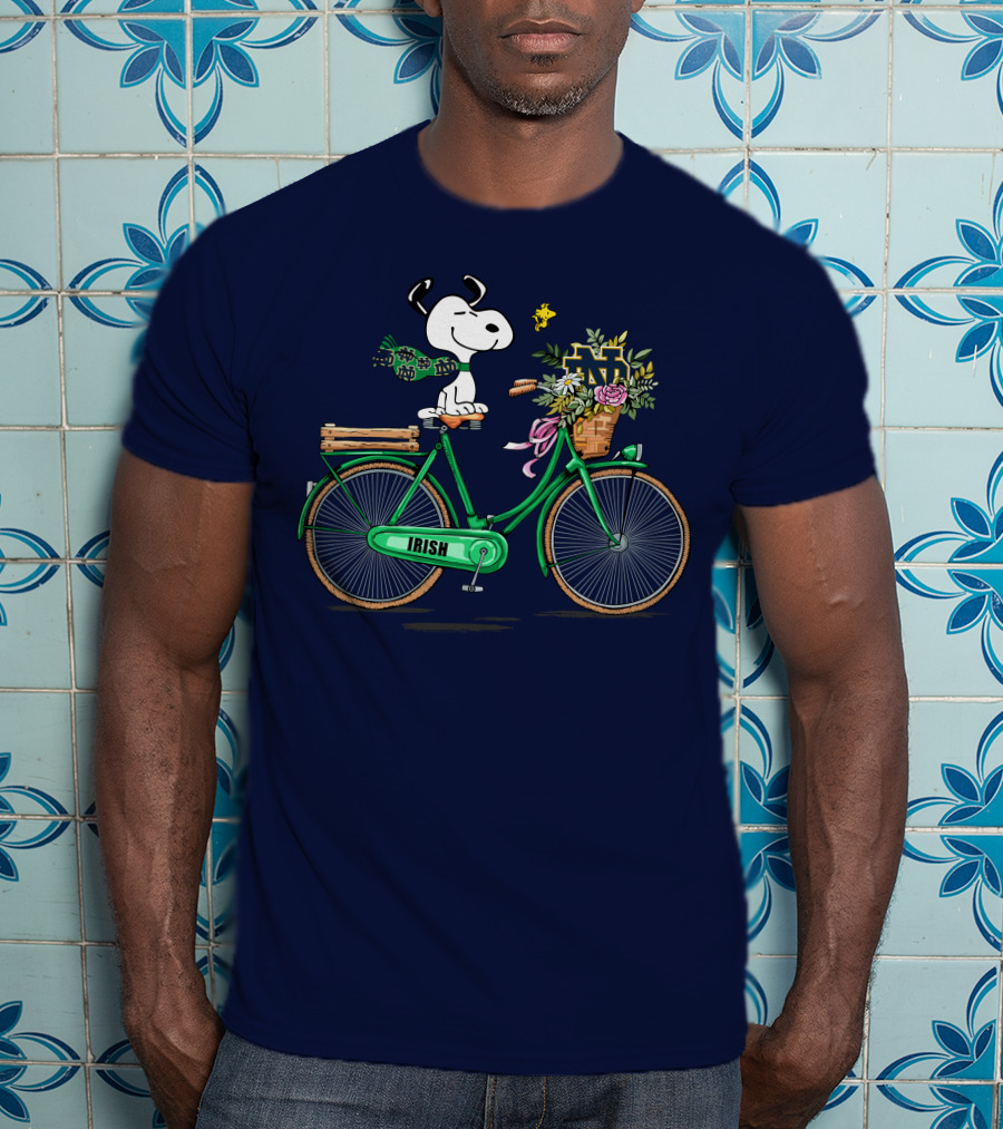 Notre Dame Fighting Irish Snoopy On Bicycle With Flowers And Woodstock T-Shirt