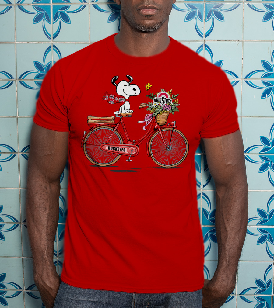 Ohio State Buckeyes Snoopy On Bicycle With Woodstock And Flowers T-Shirt