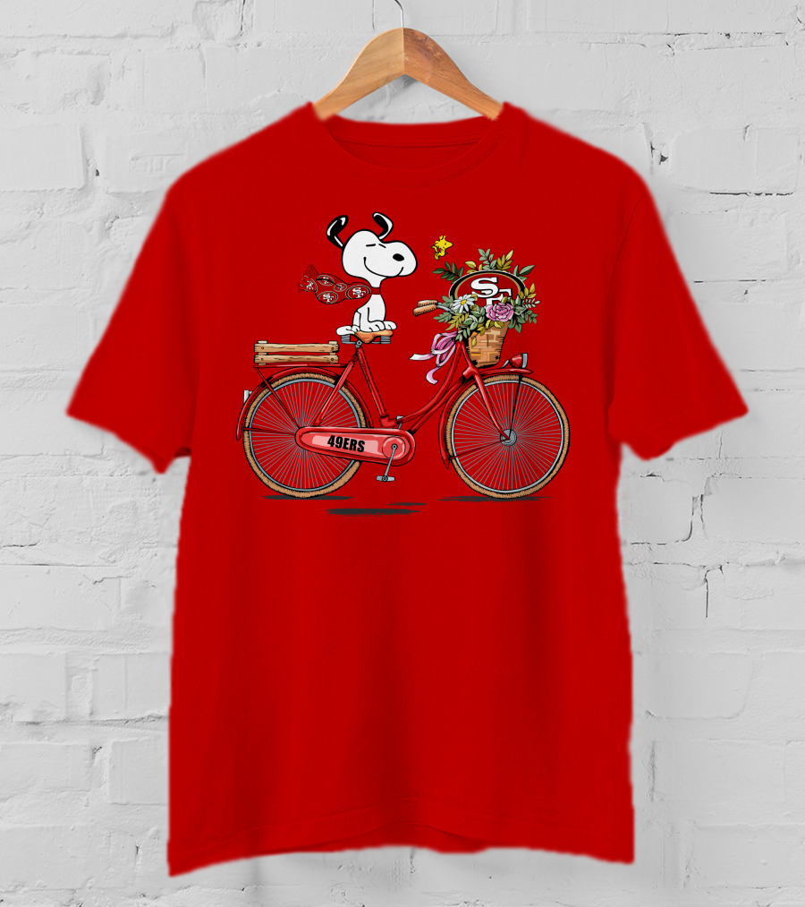 San Francisco 49ers Snoopy Riding Bike With Flowers T-Shirt