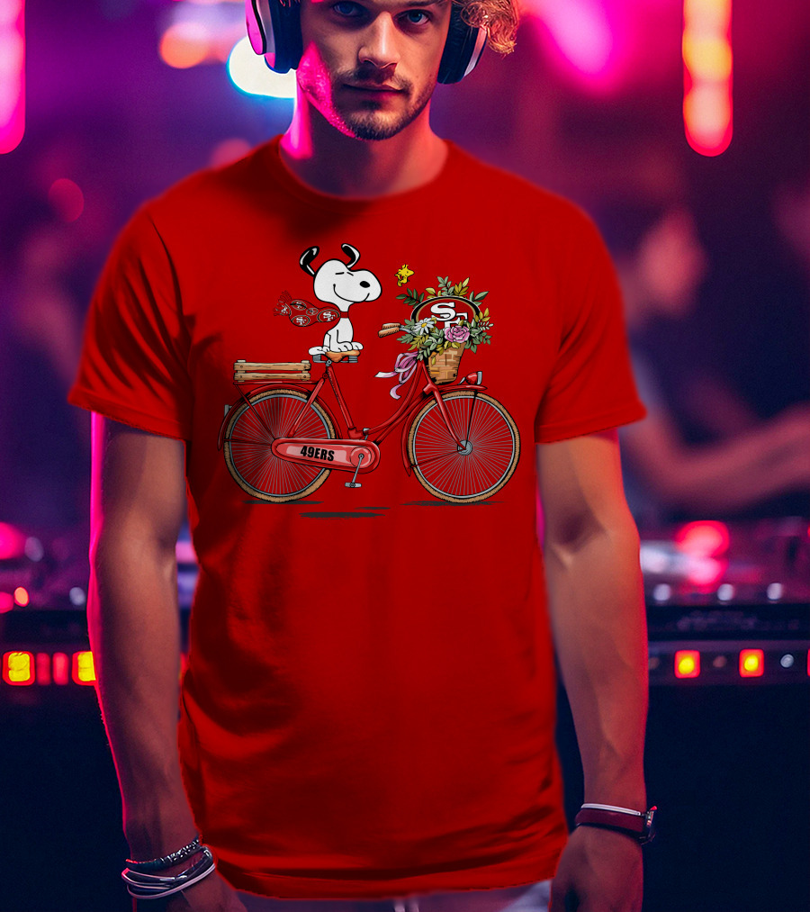 San Francisco 49ers Snoopy Riding Bike With Flowers T-Shirt