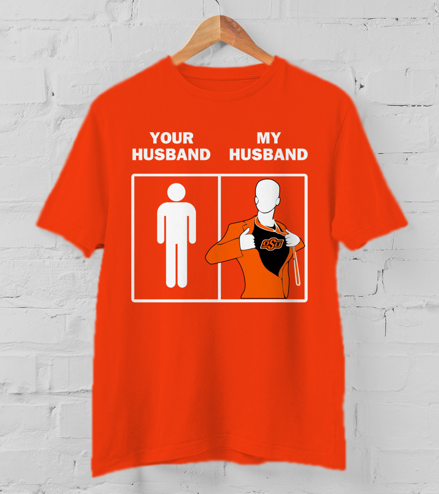 Oklahoma State Cowboys Your Husband My Husband OSU Logo Superhero Orange Suit T-Shirt