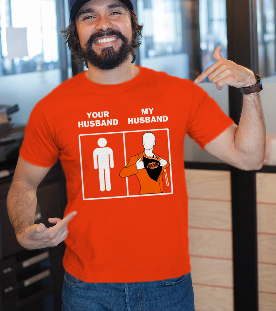 Oklahoma State Cowboys Your Husband My Husband OSU Logo Superhero Orange Suit T-Shirt