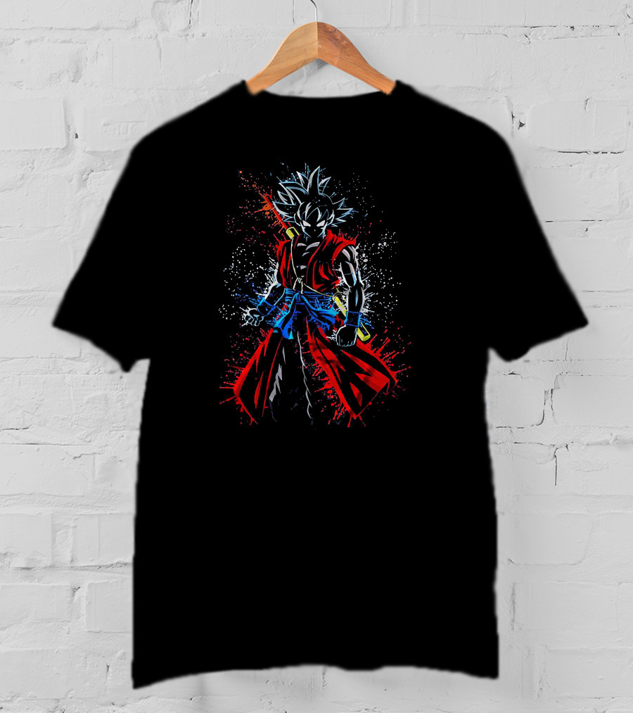 Son Goku Samurai Warrior Fusion With Epic Sword And Dynamic Splash Brush Strokes T-Shirt