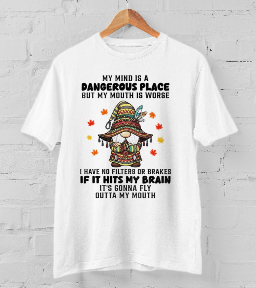 Angry Gnome My Mind Is A Dangerous Place But My Mouth Is Worse I Have No Filters Or Brakes If It Hits My Brain It's Gonna Fly Outta My Mouth T-Shirt
