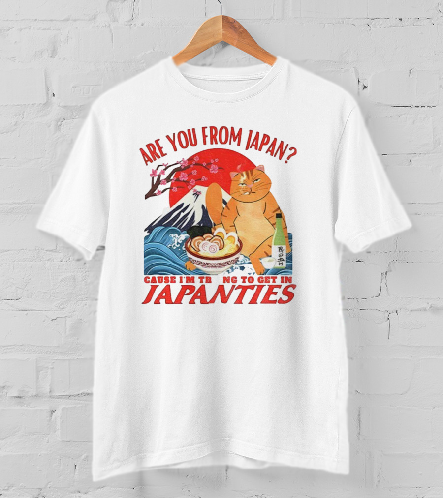 Are You From Japan Funny Cat Japanties Sushi Mt. Fuji Background T-Shirt