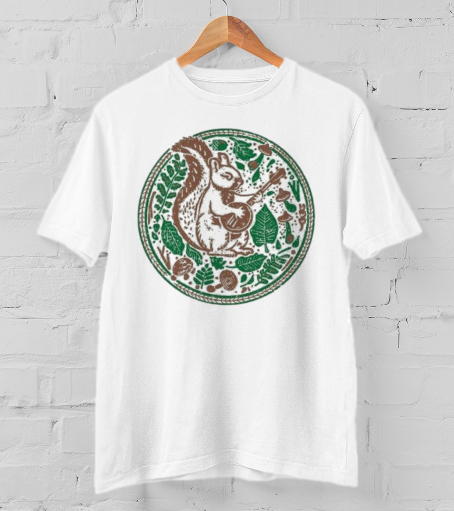 Squirrel Playing Banjo Nature Acorns Leaves Mushrooms T-Shirt
