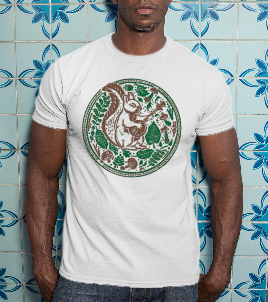 Squirrel Playing Banjo Nature Acorns Leaves Mushrooms T-Shirt