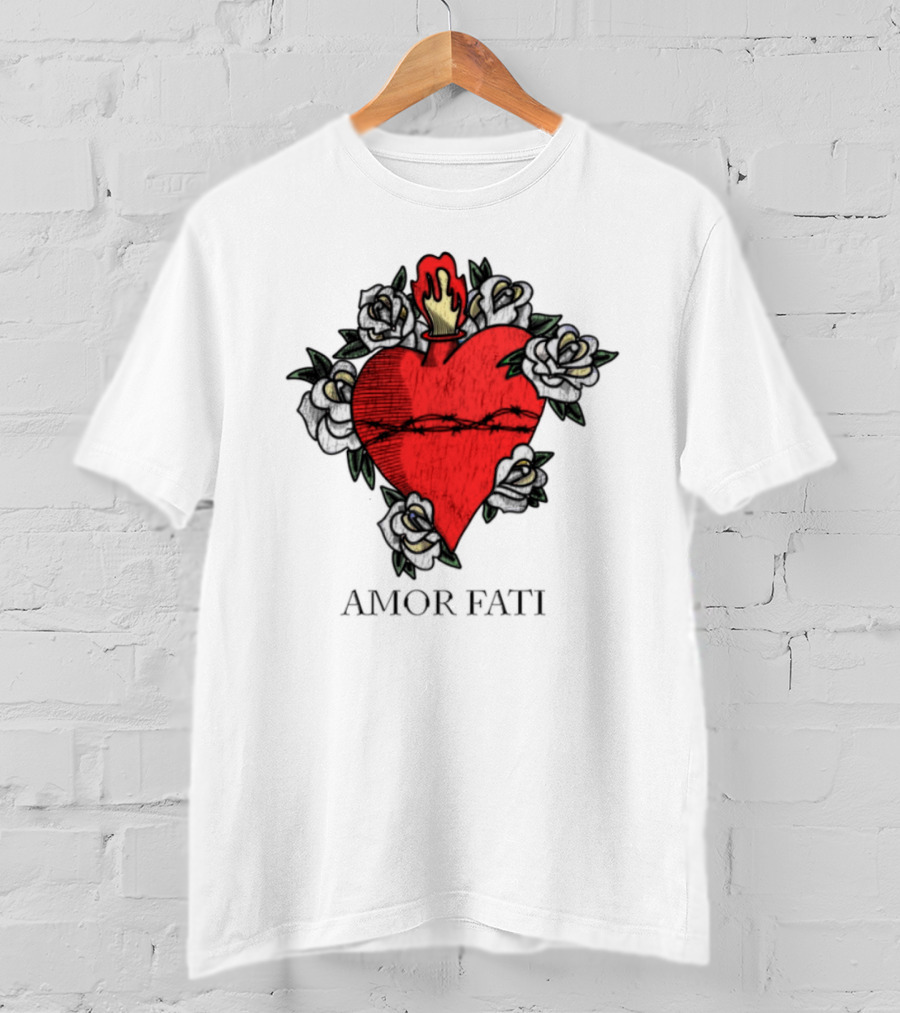 Amor Fati Sacred Heart Barbed Wire Roses Flame T-Shirt