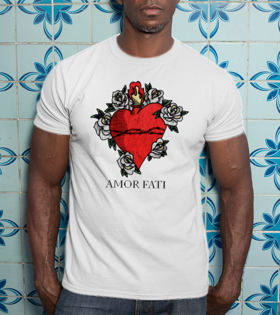 Amor Fati Sacred Heart Barbed Wire Roses Flame T-Shirt
