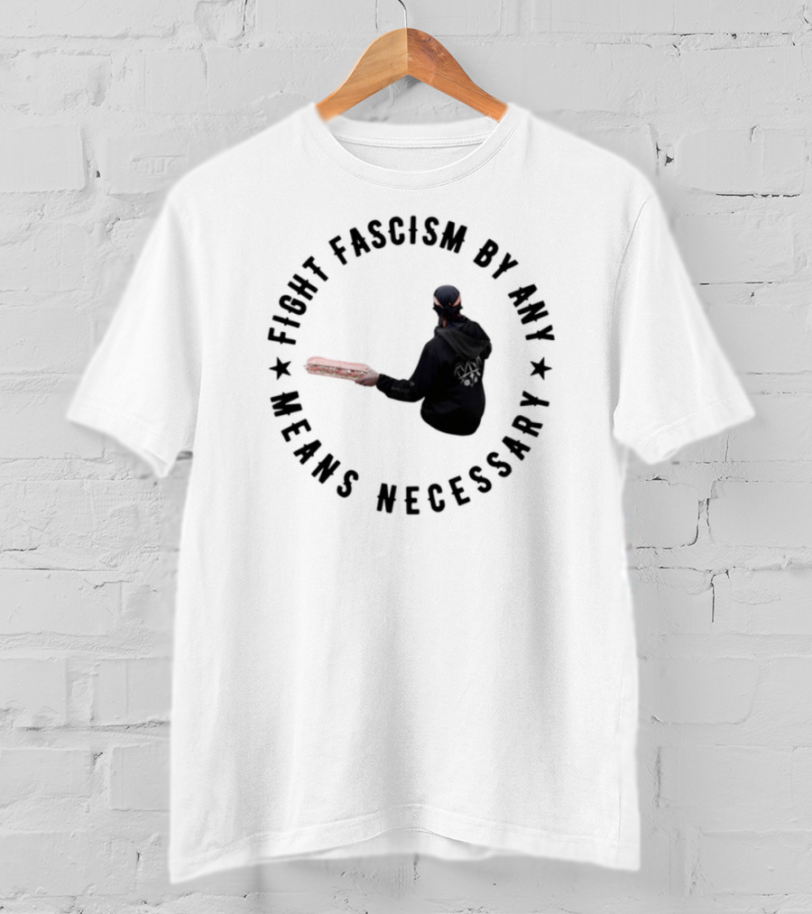 Fight Fascism By Any Means Necessary Red Bat Masked Figure T-Shirt