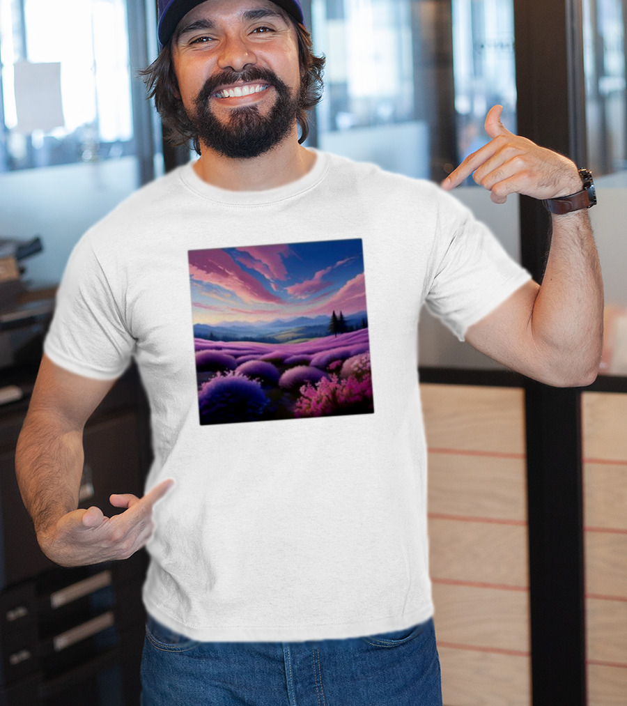 Her Radiant Bloom Lavender Sunset Landscape With Pink And Purple Sky T-Shirt