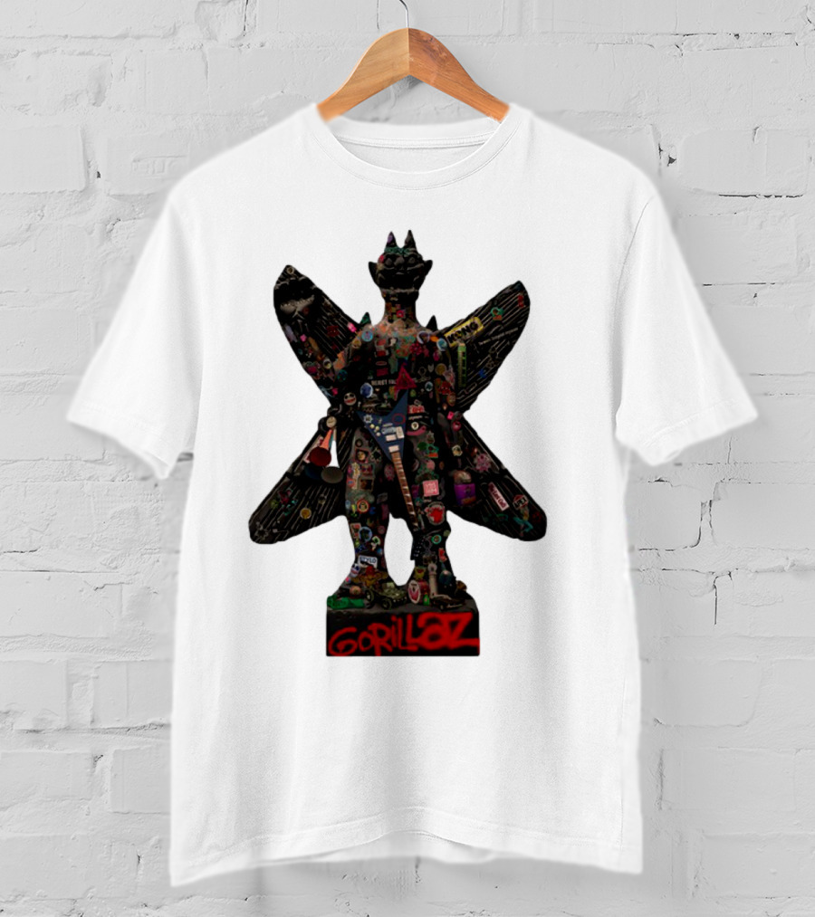 Gorillaz Iconic Pazuzu Figure With Music And Cultural Symbols T-Shirt