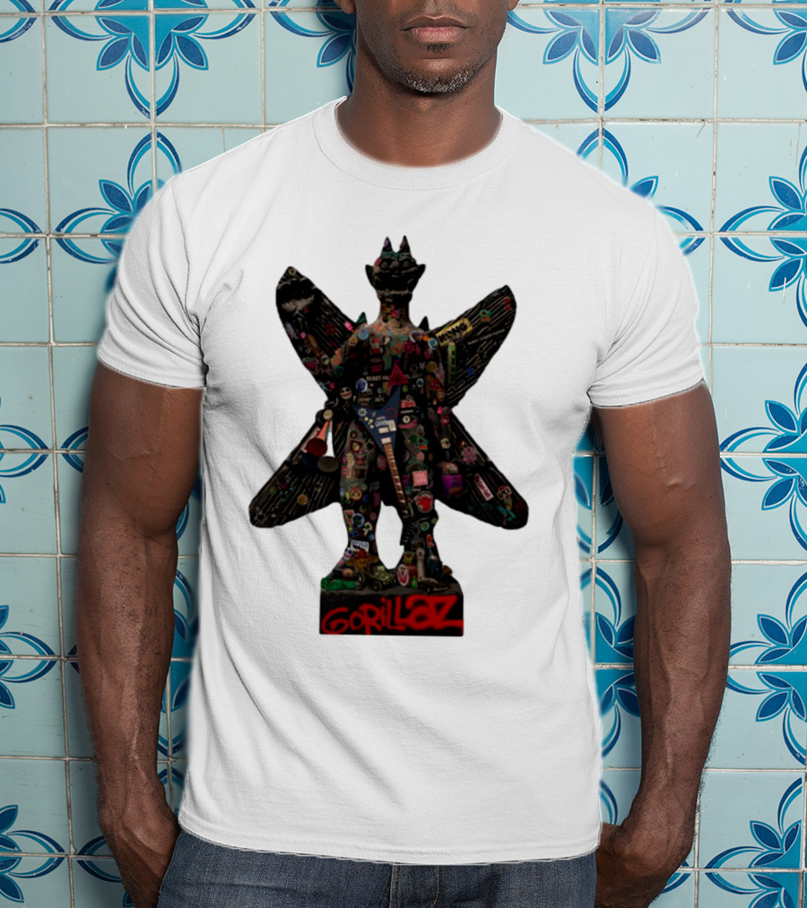 Gorillaz Iconic Pazuzu Figure With Music And Cultural Symbols T-Shirt