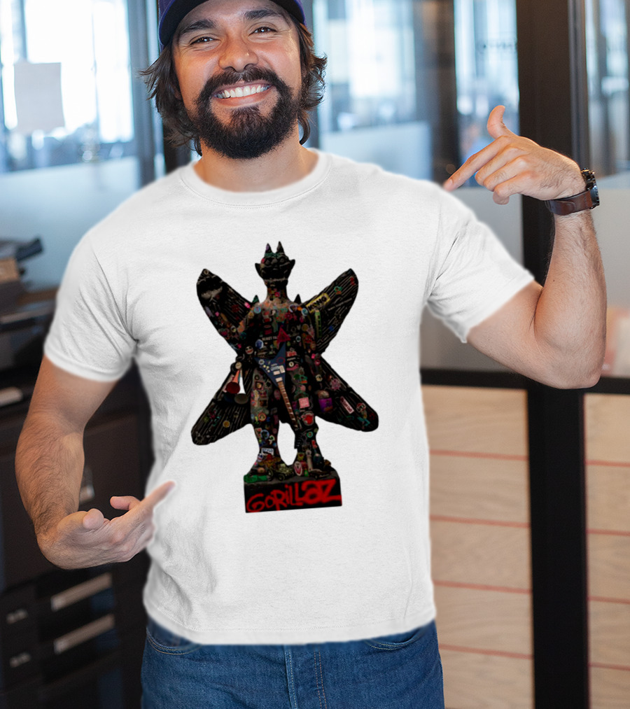 Gorillaz Iconic Pazuzu Figure With Music And Cultural Symbols T-Shirt