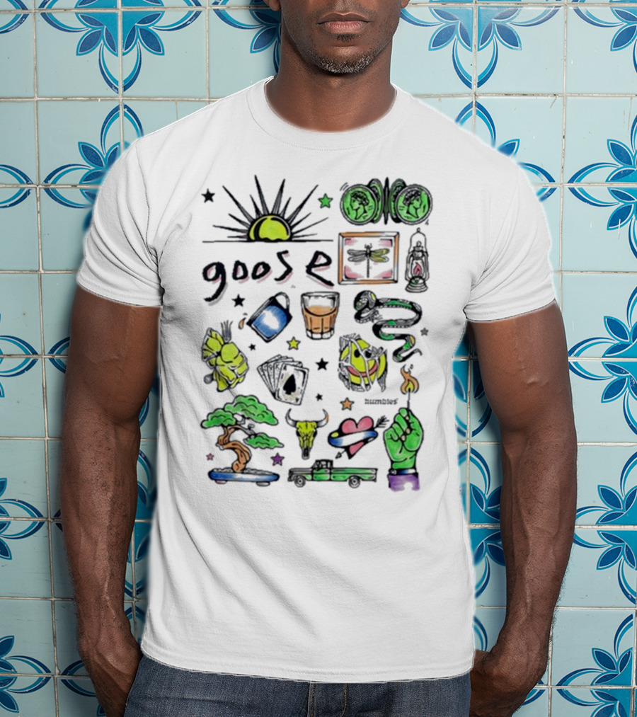 Goose Highlighter Hand Colored Sun Lock Tree Heart Candle Imagery T-Shirt