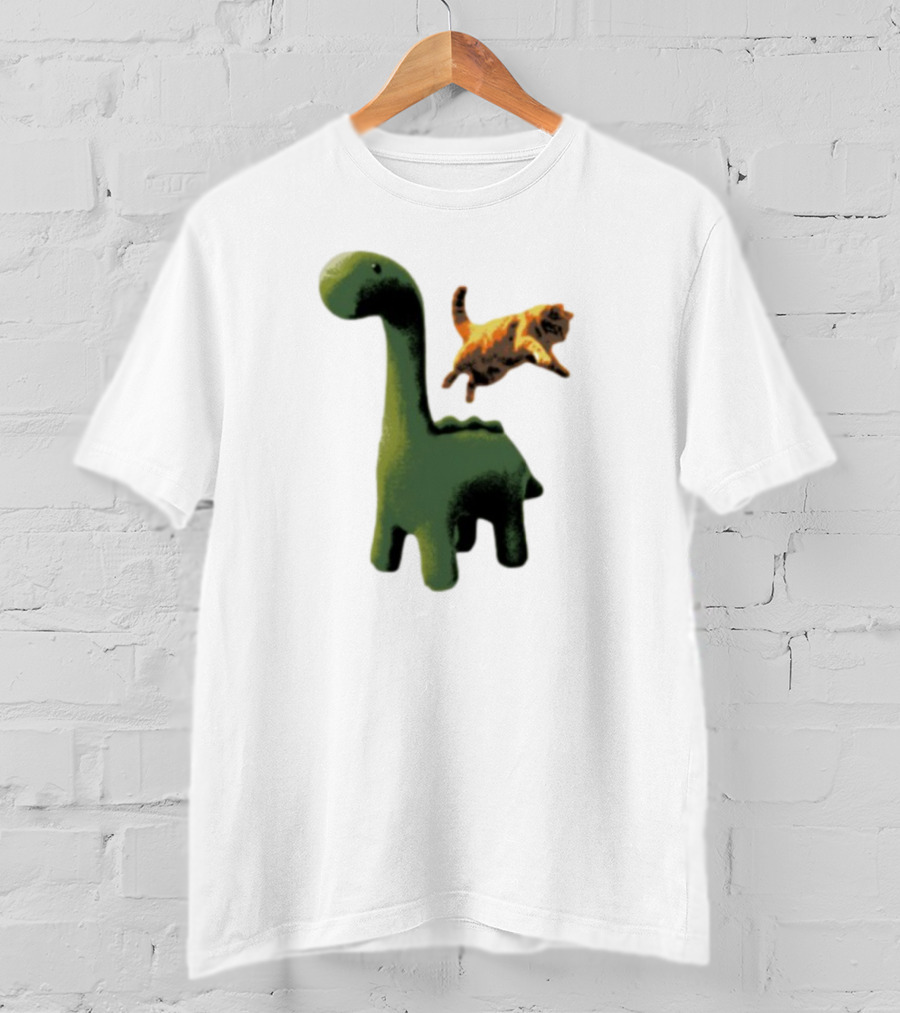 Abram Engle Kurt Dino Green Dinosaur With Leaping Orange Cat T-Shirt