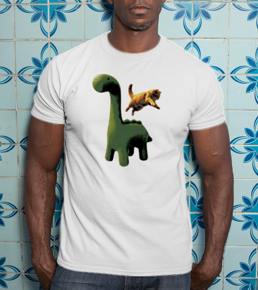 Abram Engle Kurt Dino Green Dinosaur With Leaping Orange Cat T-Shirt