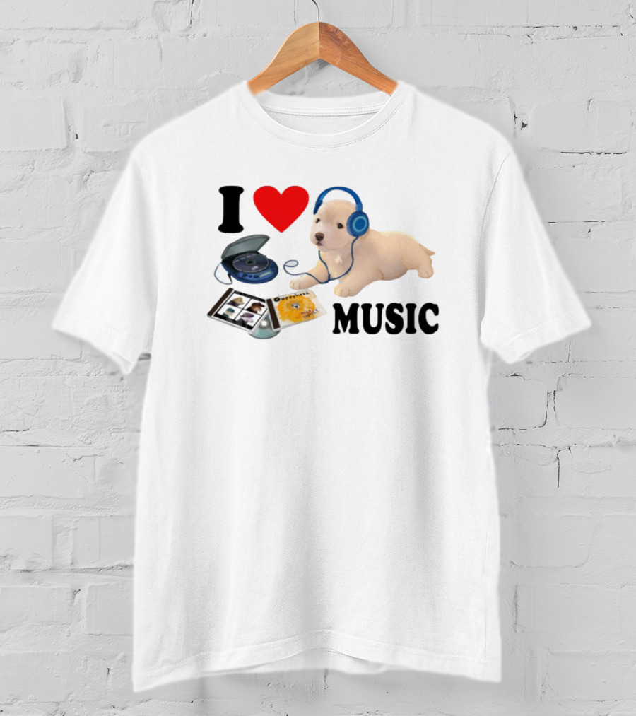 I Love Music Dog Headphones CD Player Album Puppy T-Shirt