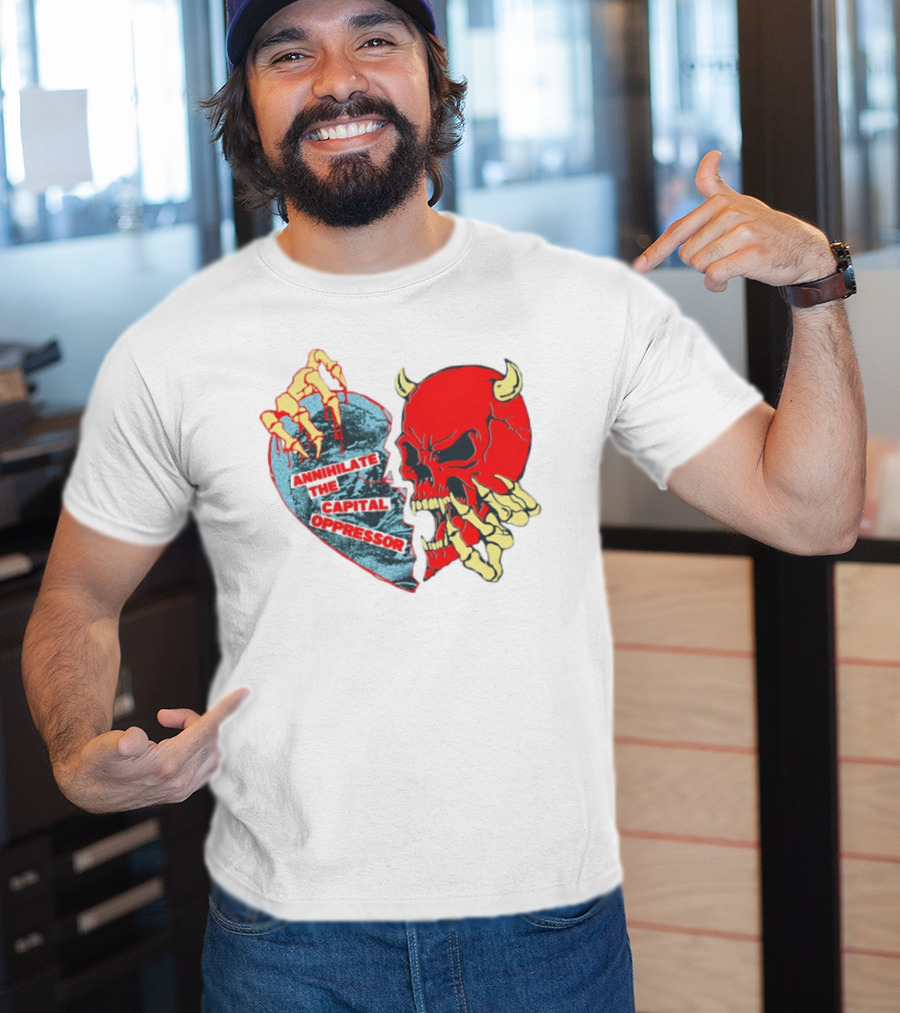 Annihilate The Capital Oppressor Red Skull And Skeleton Heart Design T-Shirt