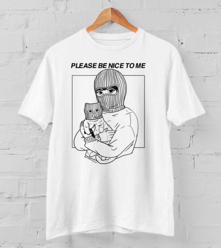 Please Be Nice To Me Masked Figure Hugging Cat T-Shirt