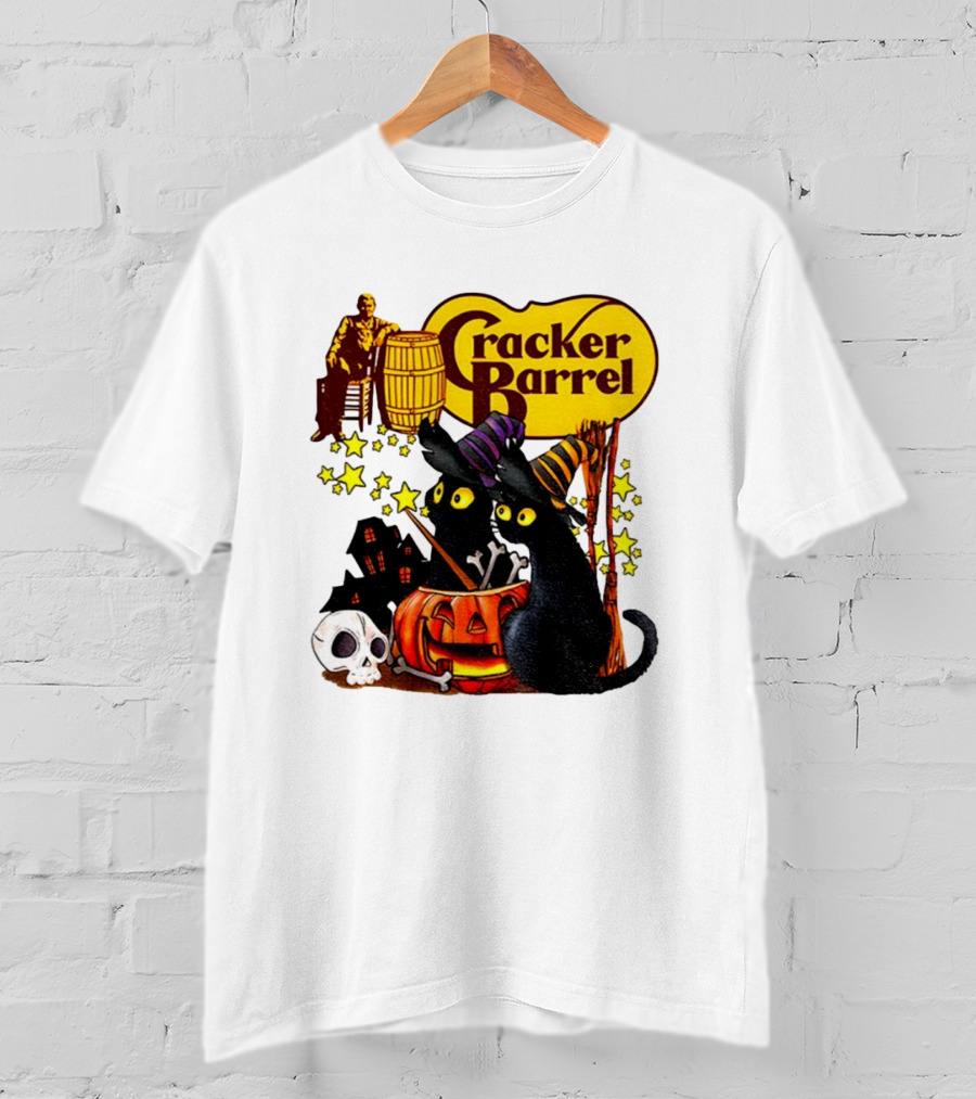 Cracker Barrel Halloween 2025 Black Cat Witches Pumpkin Stars Skulls T-Shirt