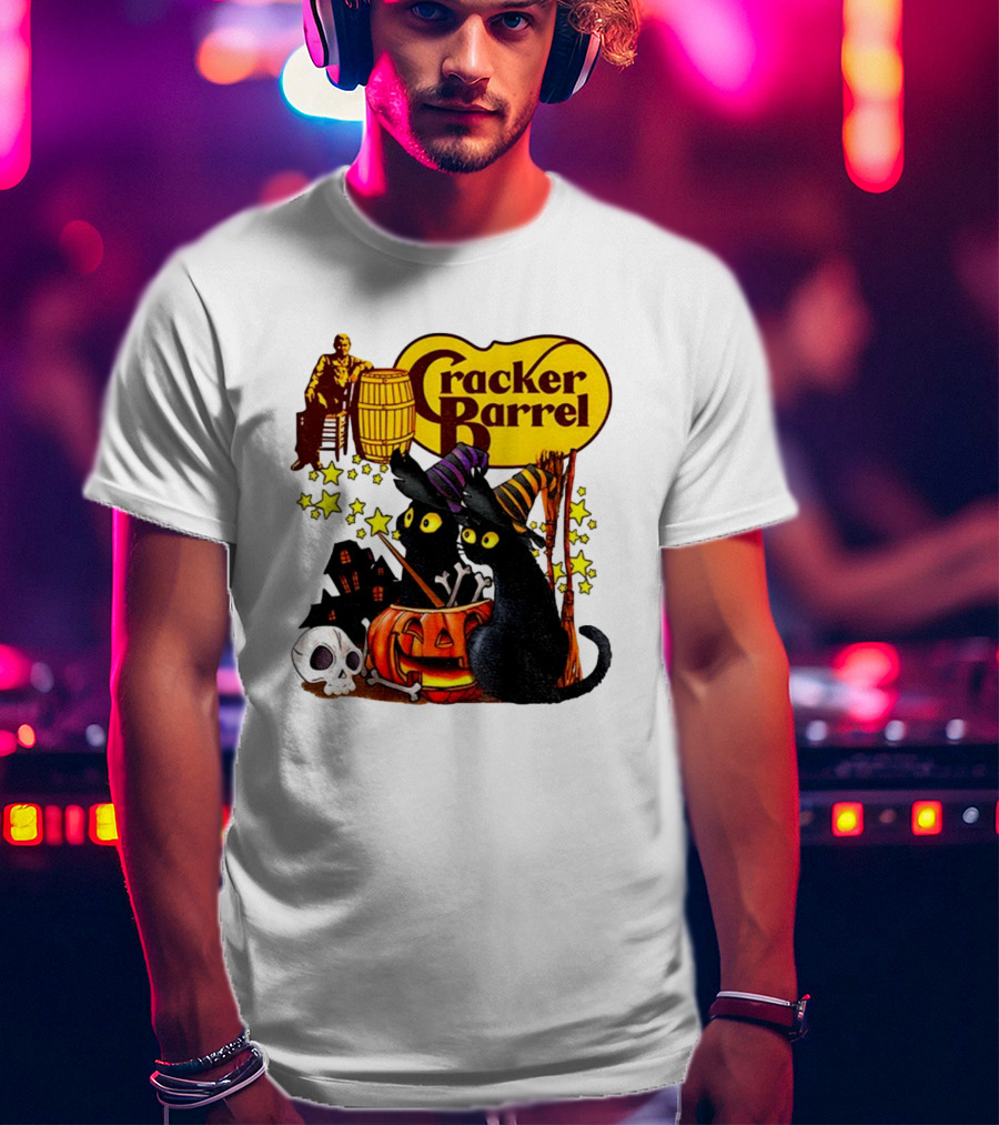 Cracker Barrel Halloween 2025 Black Cat Witches Pumpkin Stars Skulls T-Shirt