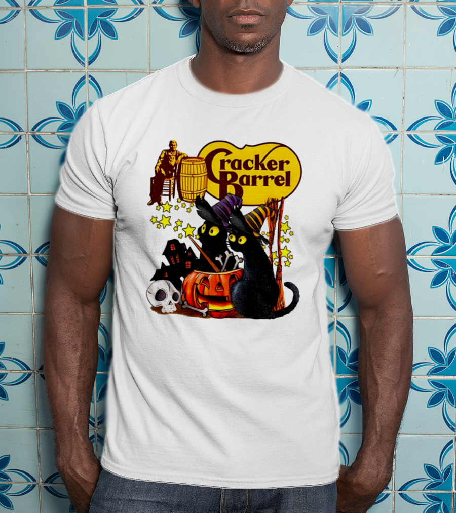 Cracker Barrel Halloween 2025 Black Cat Witches Pumpkin Stars Skulls T-Shirt