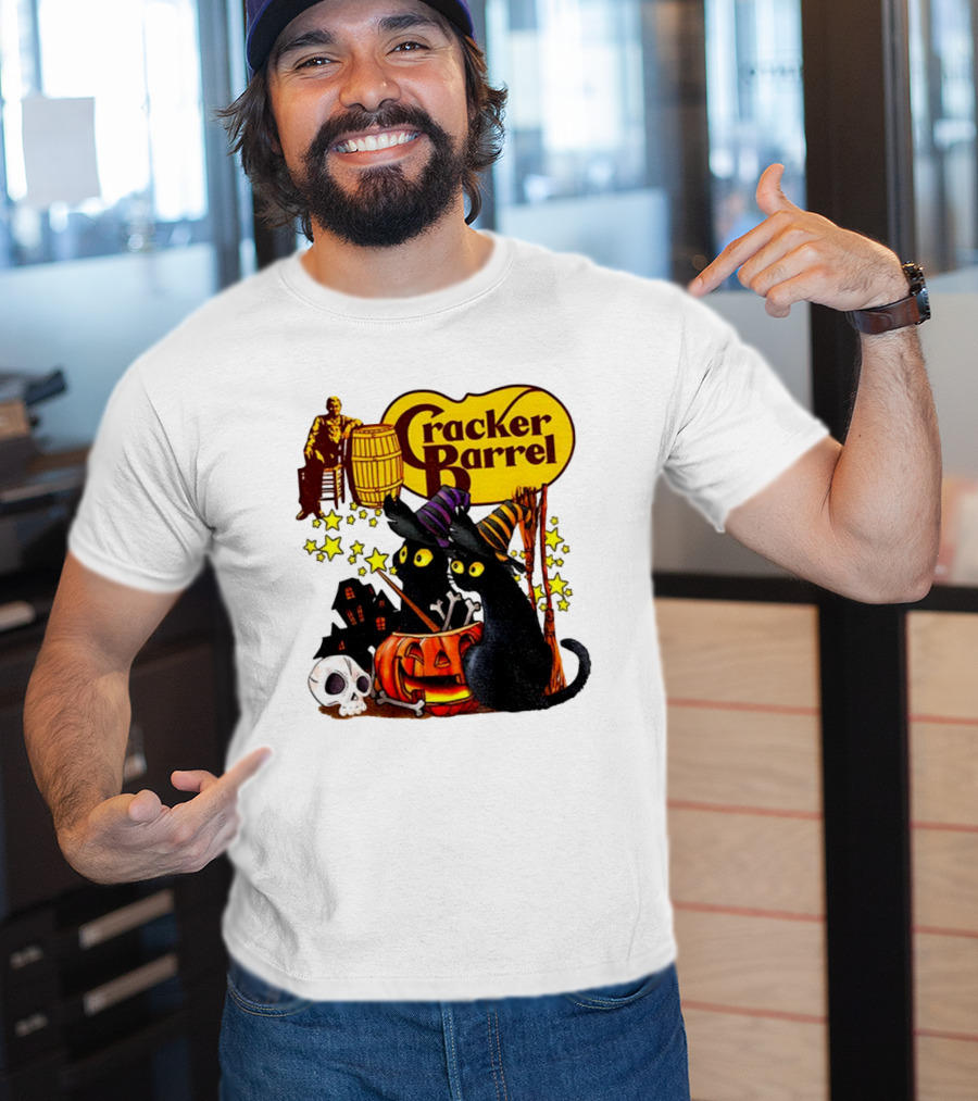 Cracker Barrel Halloween 2025 Black Cat Witches Pumpkin Stars Skulls T-Shirt