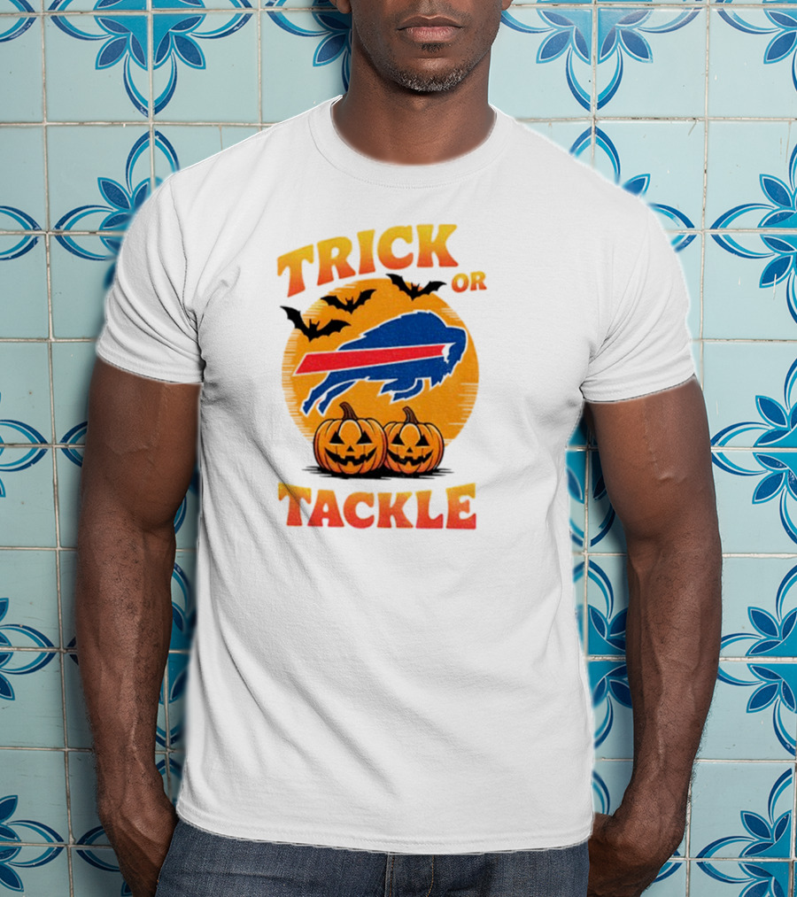 Buffalo Bills Trick Or Tackle Halloween Pumpkins And Bats T-Shirt