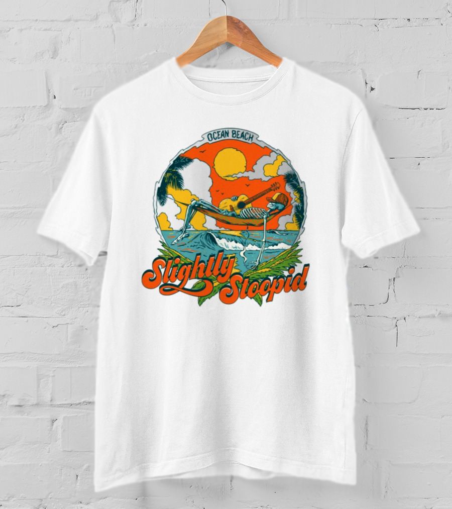 Slightly Stoopid Ocean Beach Skeleton Hammock Sun Guitar T-Shirt