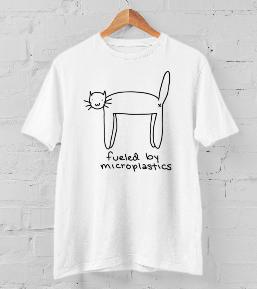Fueled By Microplastics Cat Drawing Simple Outline Whimsical Humor T-Shirt
