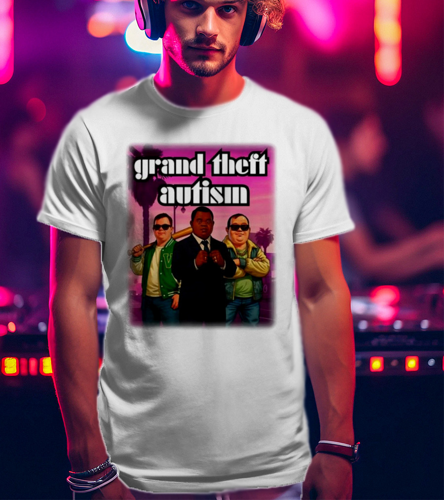 Grand Theft Autism Characters In Iconic Urban Setting T-Shirt
