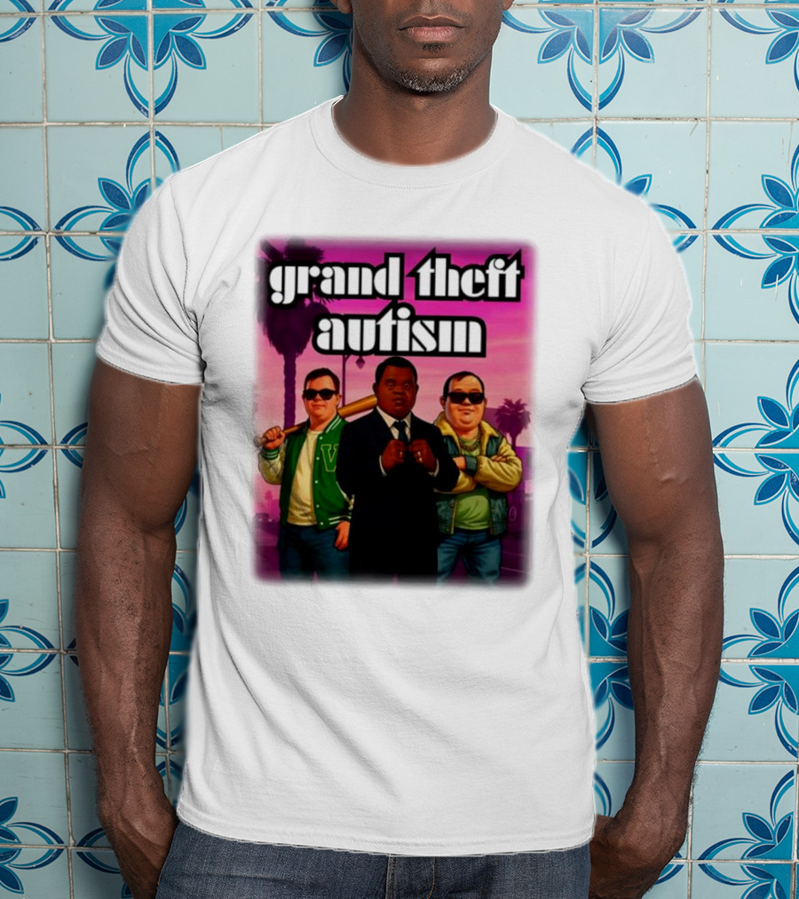 Grand Theft Autism Characters In Iconic Urban Setting T-Shirt