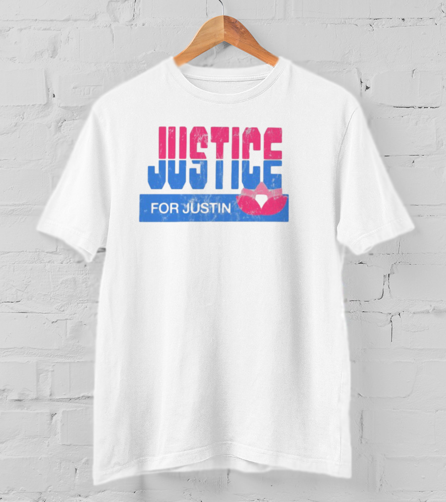 Justice For Justin LGBTQ Pride Pink And Blue Bold Text With Heart Symbol T-Shirt