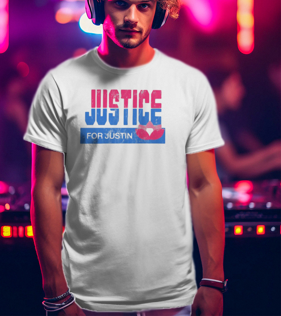 Justice For Justin LGBTQ Pride Pink And Blue Bold Text With Heart Symbol T-Shirt