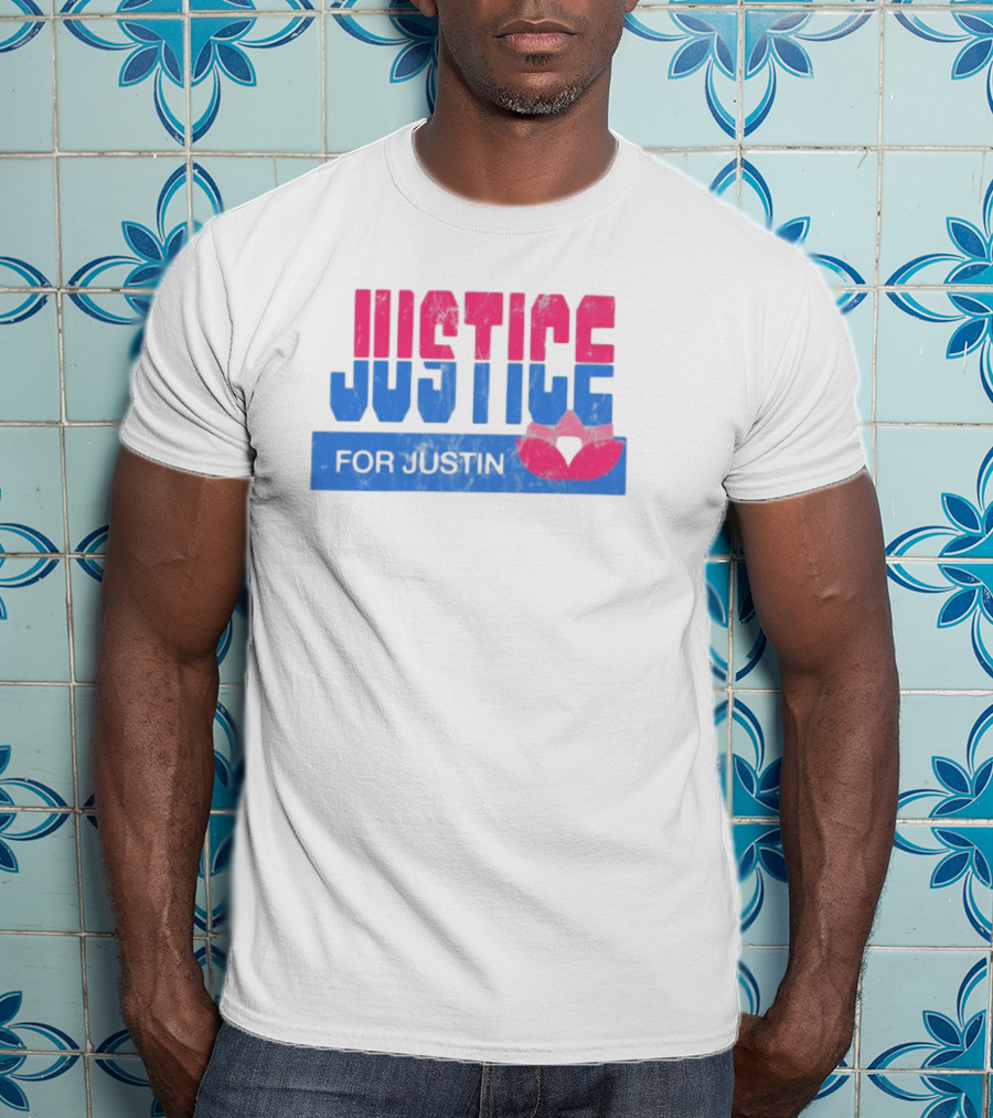Justice For Justin LGBTQ Pride Pink And Blue Bold Text With Heart Symbol T-Shirt