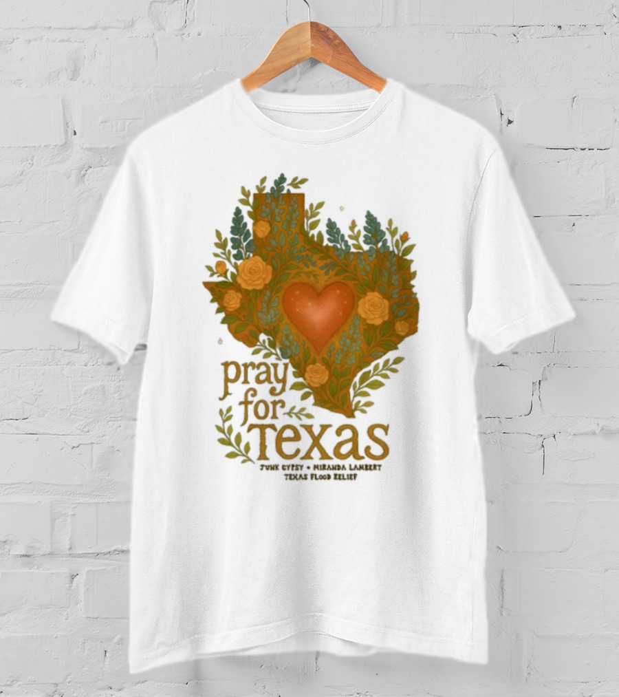 Pray For Texas Flood Relief Heart And Floral Pattern T-Shirt