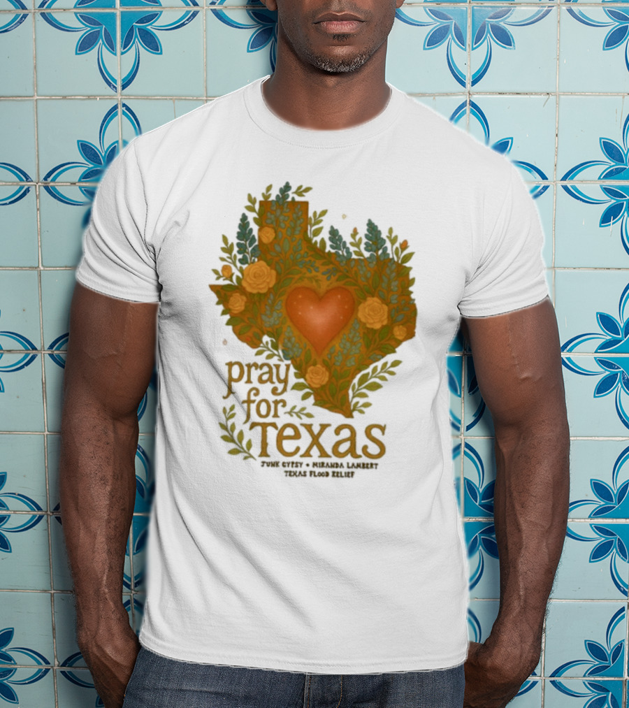 Pray For Texas Flood Relief Heart And Floral Pattern T-Shirt