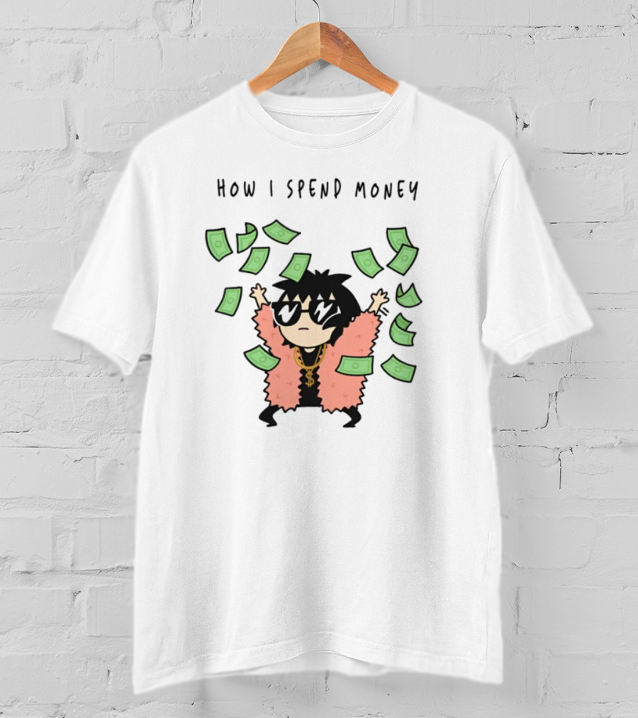 Sarah Andersen How I Spend Money Comic Character Pink Coat Dollar Bills Falling T-Shirt